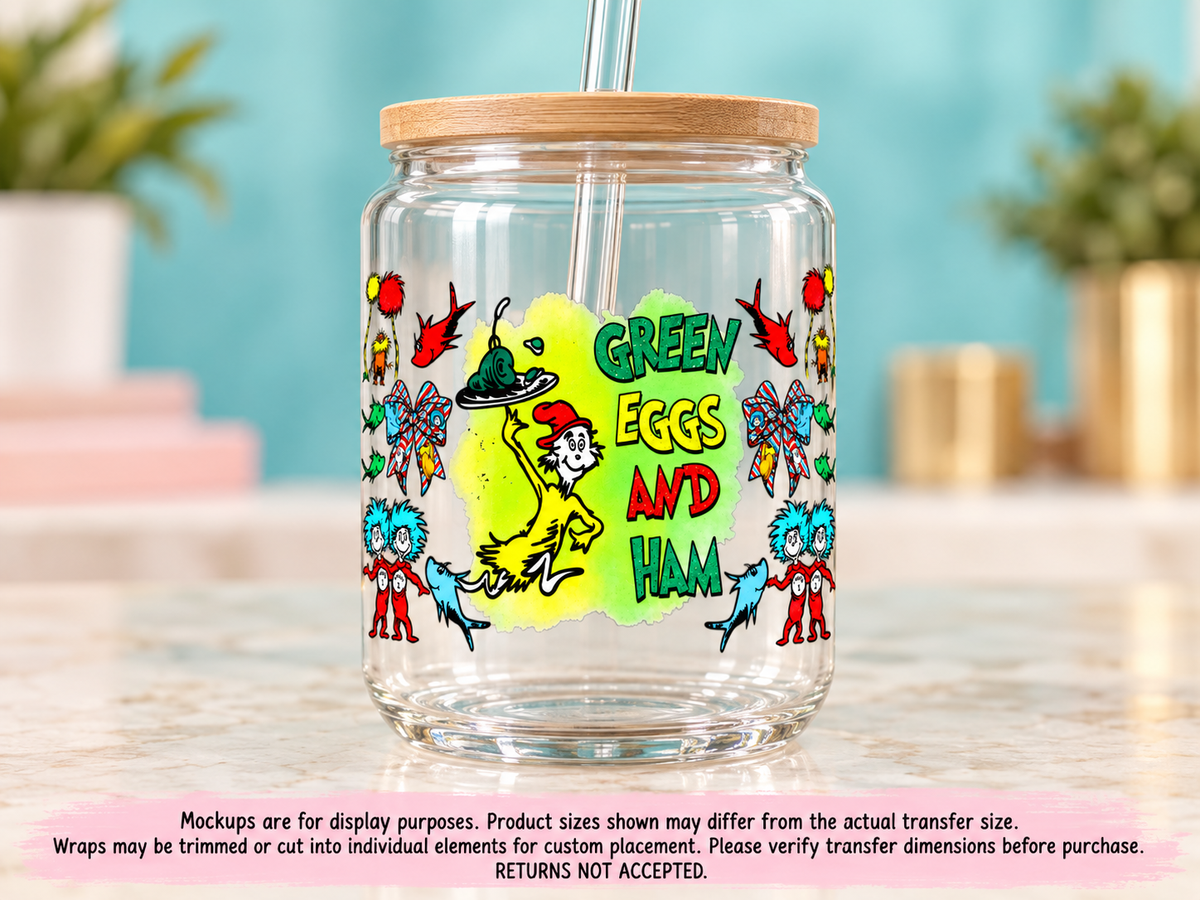 Green Eggs and Ham on glass cup — display mockup