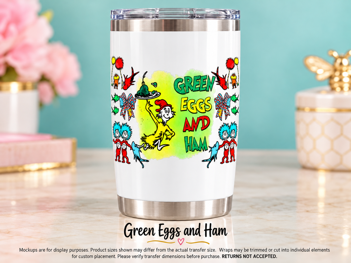 Green Eggs and Ham on white tumbler — display mockup