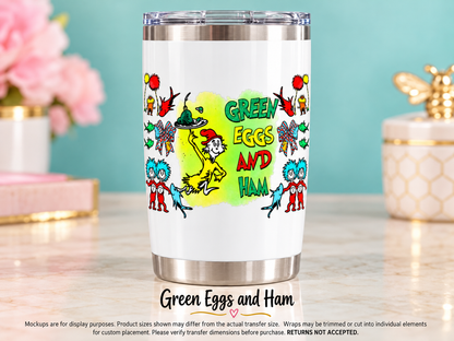 Green Eggs and Ham on white tumbler — display mockup