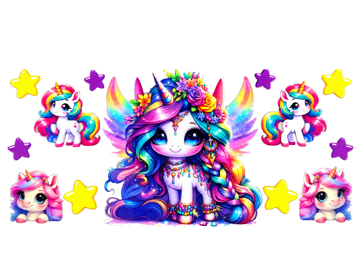 Rainbow Unicorns and Stars UV DTF transfer — full approved artwork