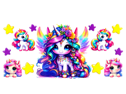 Rainbow Unicorns and Stars UV DTF transfer — full approved artwork