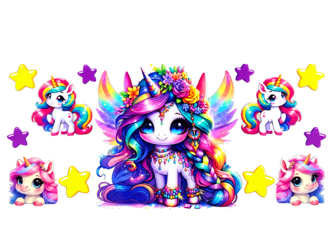 Rainbow Unicorns and Stars UV DTF Cup Wrap Transfer — Optional Cut-Apart Sheet