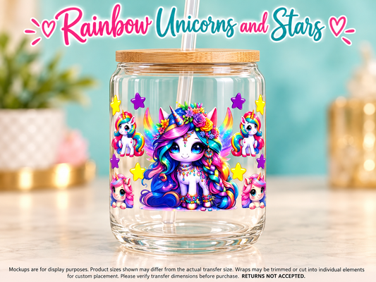 Rainbow Unicorns and Stars on glass cup — display mockup