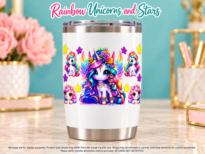Rainbow Unicorns and Stars on white tumbler — display mockup