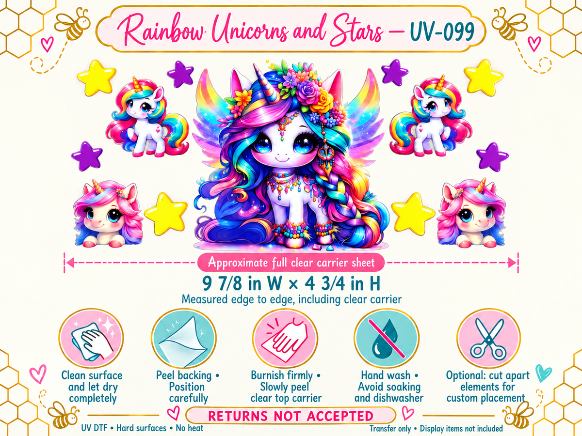 Rainbow Unicorns and Stars full carrier size and no-heat application guide