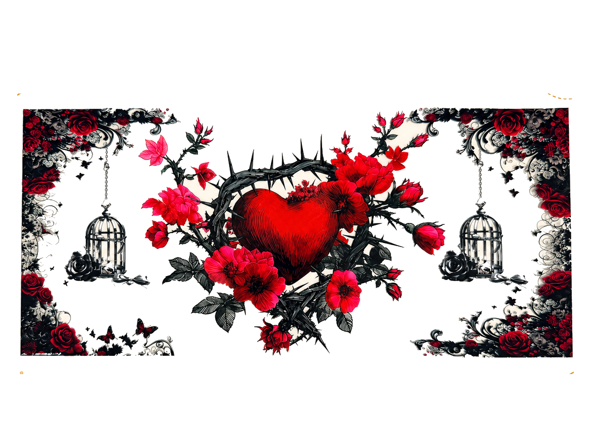 Thorn Heart, Red Flowers and Bird Cages UV DTF transfer hero; transfer only
