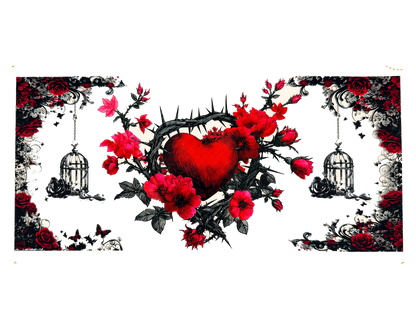 Thorn Heart, Red Flowers and Bird Cages UV DTF transfer hero; transfer only