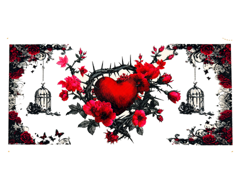 Thorn Heart, Red Flowers and Bird Cages UV DTF Cup Wrap Transfer — Optional Cut-Apart Sheet