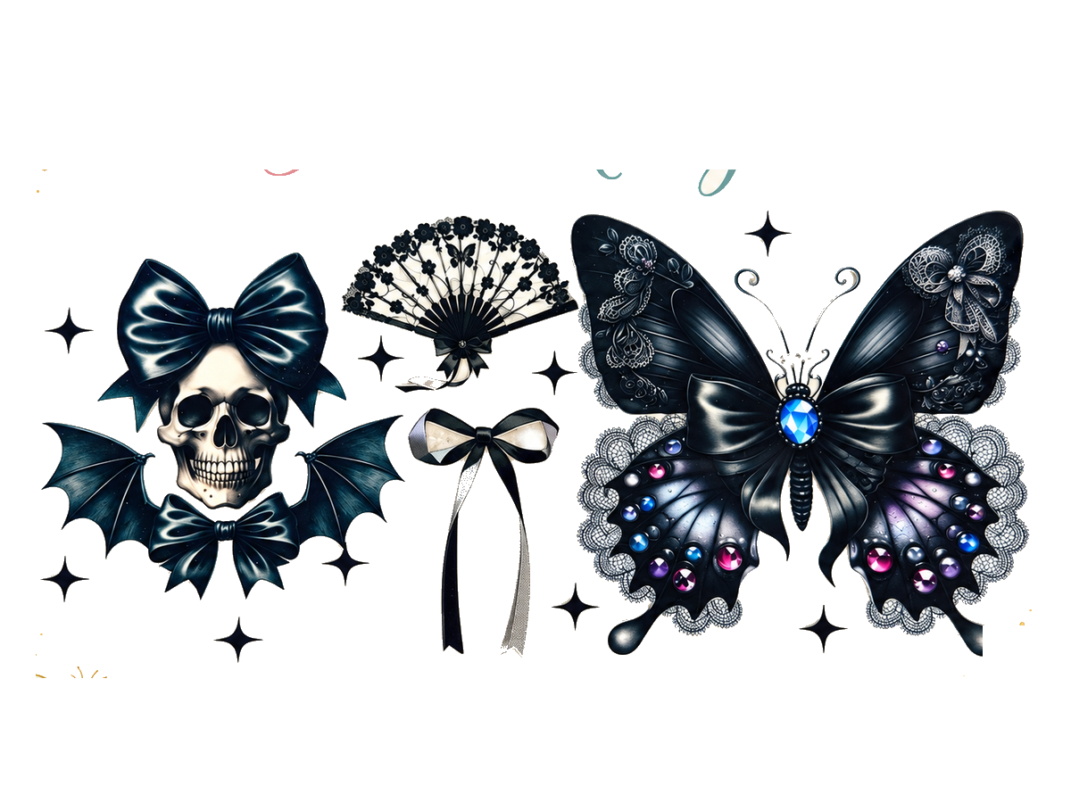 Gothic Skull, Lace Fan and Jewel Butterfly UV DTF transfer hero; transfer only
