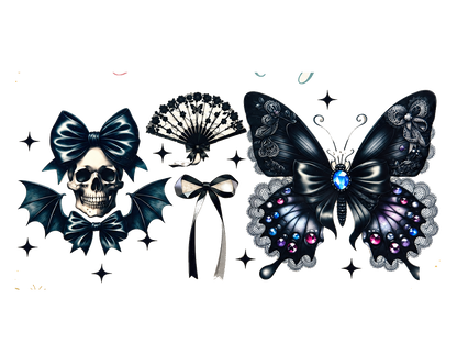 Gothic Skull, Lace Fan and Jewel Butterfly UV DTF transfer hero; transfer only