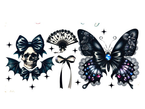 Gothic Skull, Lace Fan and Jewel Butterfly UV DTF Cup Wrap Transfer — Optional Cut-Apart Sheet