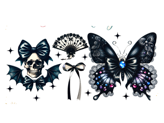Gothic Skull, Lace Fan and Jewel Butterfly UV DTF transfer hero; transfer only