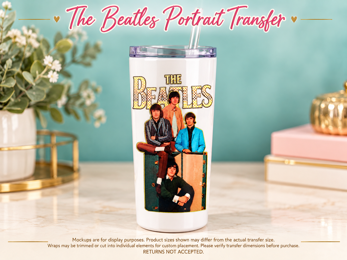 Beatles upright portrait transfer on white stainless tumbler; display mockup; transfer only