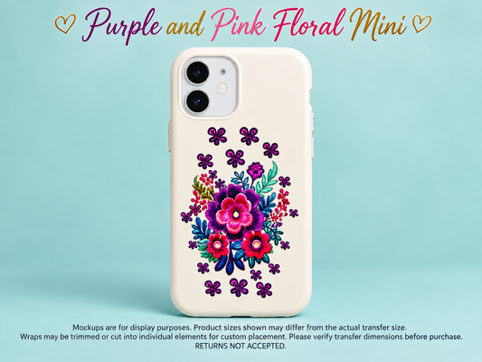 Purple and pink floral mini UV DTF transfer — display mockup; transfer only