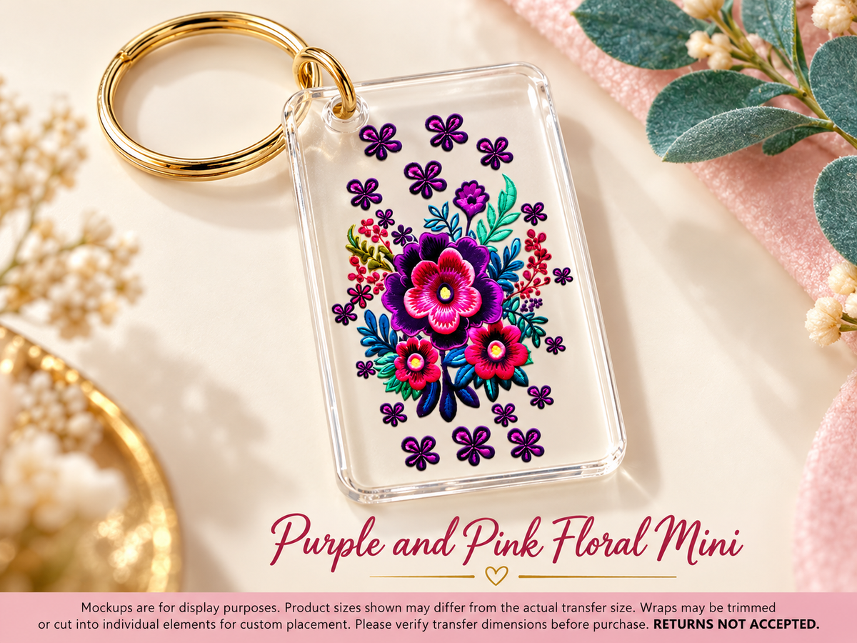 Purple and pink floral mini UV DTF transfer — display mockup; transfer only
