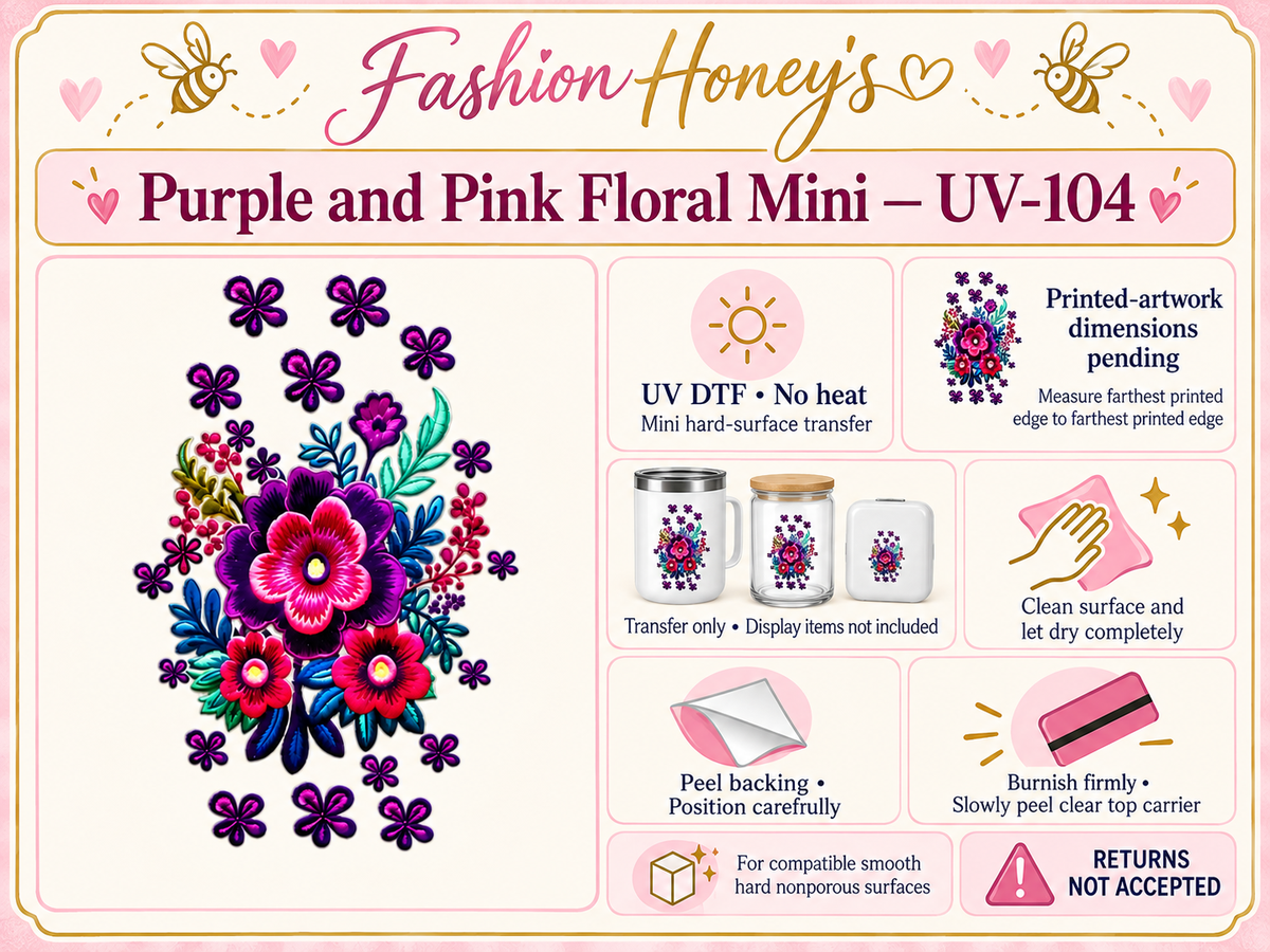 Purple and pink floral mini UV DTF transfer — application guide