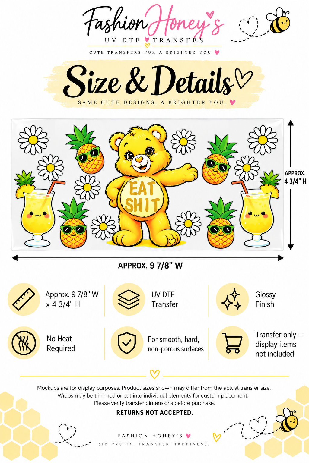 Fashion Honey's yellow EAT SHIT bear transfer full carrier sheet 9⅞ inches W by 4¾ inches H size and details