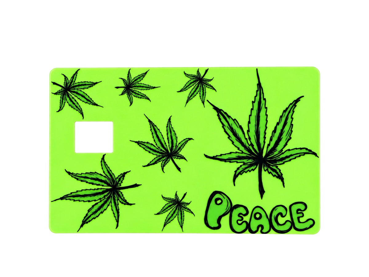 Neon green Peace UV DTF credit-card cover — transparent artwork