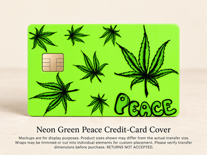 Neon green Peace UV DTF credit-card cover — display mockup; transfer only
