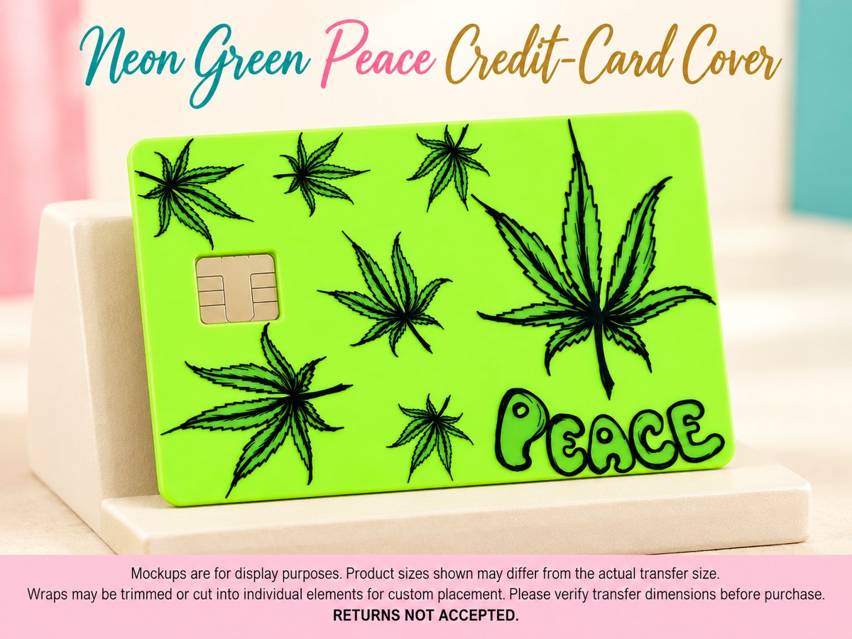 Neon green Peace UV DTF credit-card cover — display mockup; transfer only