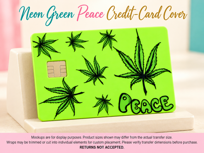 Neon green Peace UV DTF credit-card cover — display mockup; transfer only