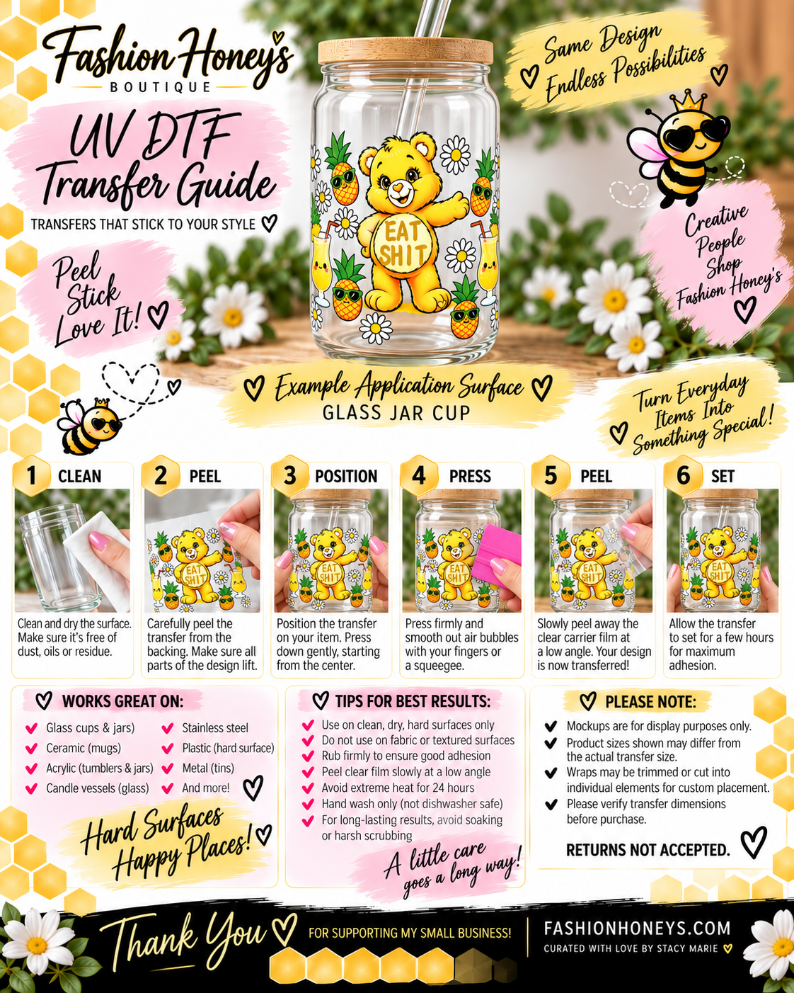 Fashion Honey's UV DTF no-heat application guide showing yellow bear design