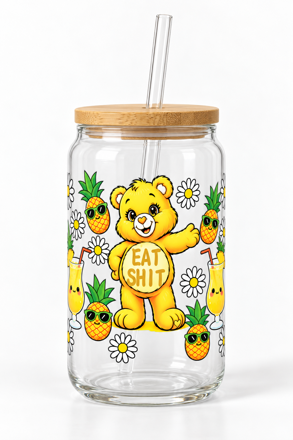 Yellow bear Eat Shit UV DTF cup wrap mockup on clear glass jar