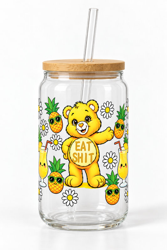 Yellow bear Eat Shit UV DTF cup wrap mockup on clear glass jar