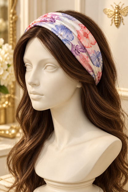Blue & Coral Floral wide scarf headband displayed on a long-haired mannequin