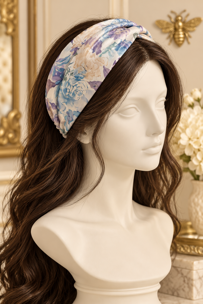 Blue & Cream Floral wide scarf headband displayed on a long-haired mannequin