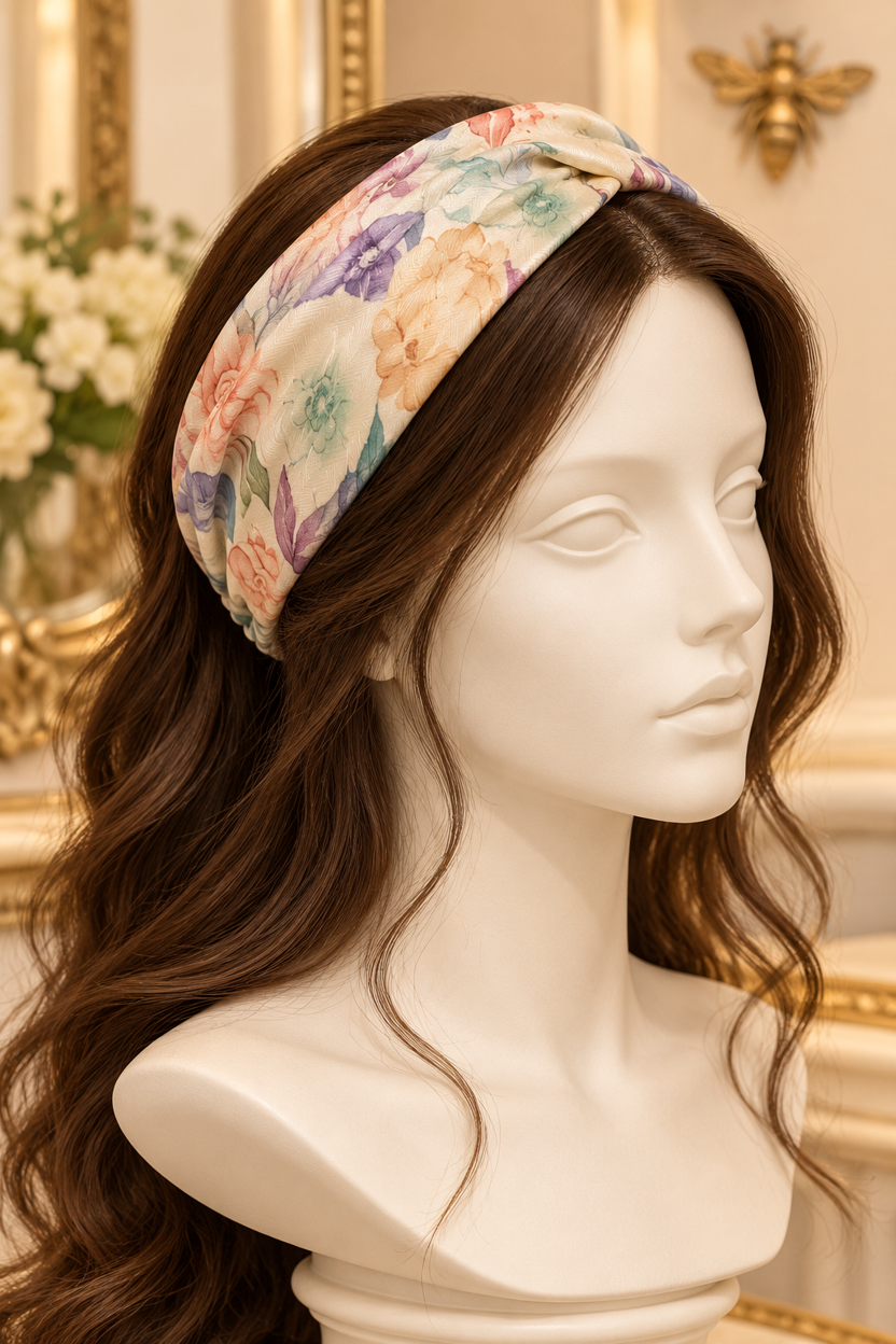 Cream & Peach Floral wide scarf headband displayed on a long-haired mannequin