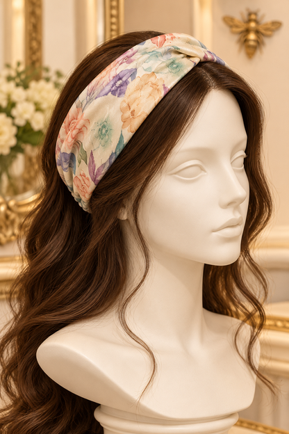 Cream & Peach Floral wide scarf headband displayed on a long-haired mannequin