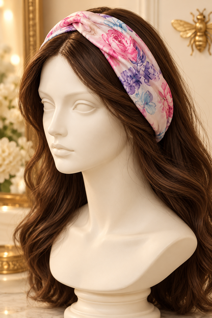 Pink & Blue Floral wide scarf headband displayed on a long-haired mannequin