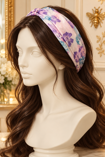 Pink & Purple Floral wide scarf headband displayed on a long-haired mannequin