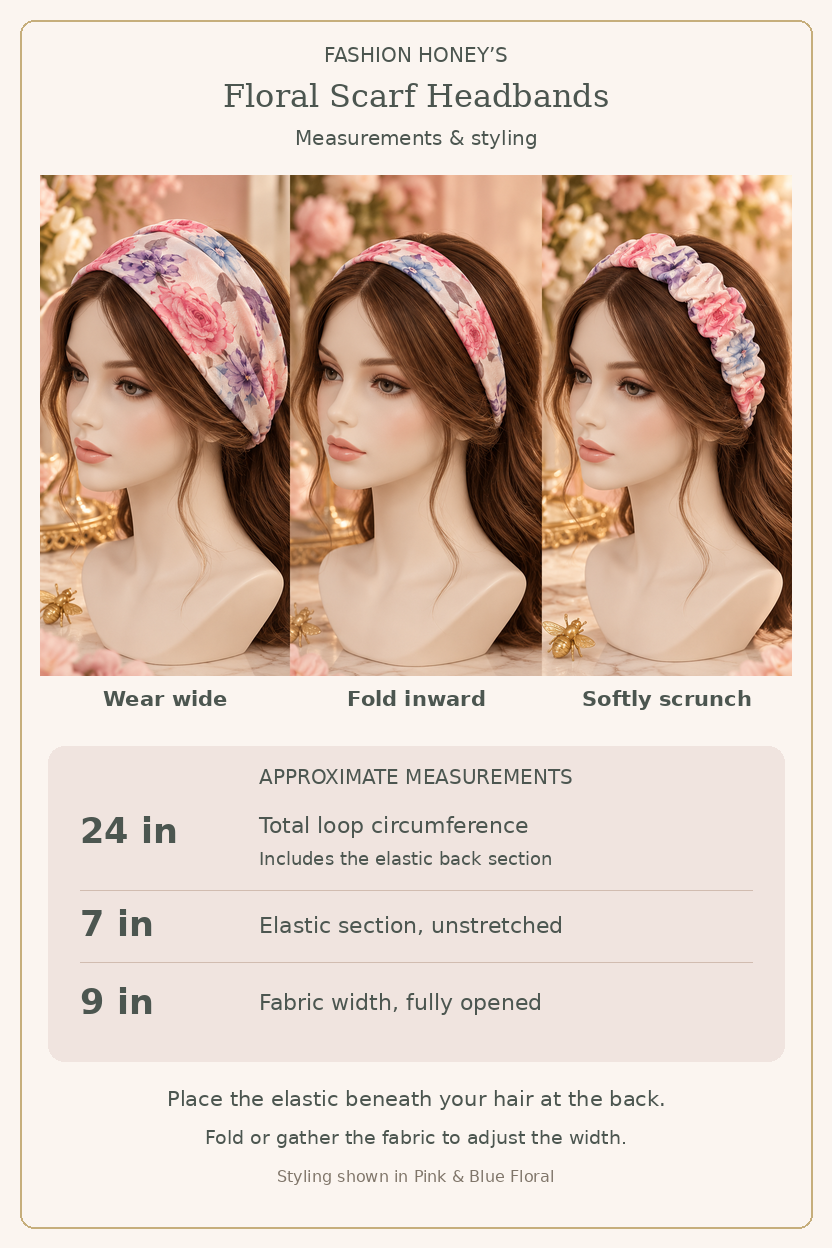 Floral scarf headband size and styling guide: approximately 24-inch total loop, 7-inch unstretched elastic section and 9-inch fully opened fabric width; Pink & Blue Floral shown wide, folded inward and softly scrunched.