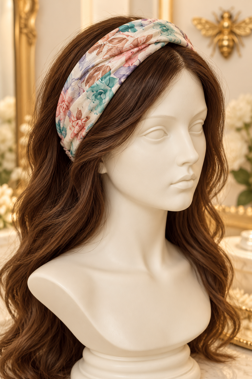 Teal & Peach Floral wide scarf headband displayed on a long-haired mannequin