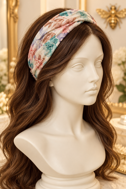 Teal & Peach Floral wide scarf headband displayed on a long-haired mannequin