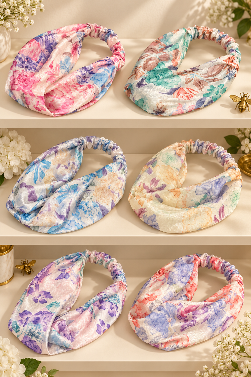 Six pastel floral scarf headbands with elastic backs on a boutique display