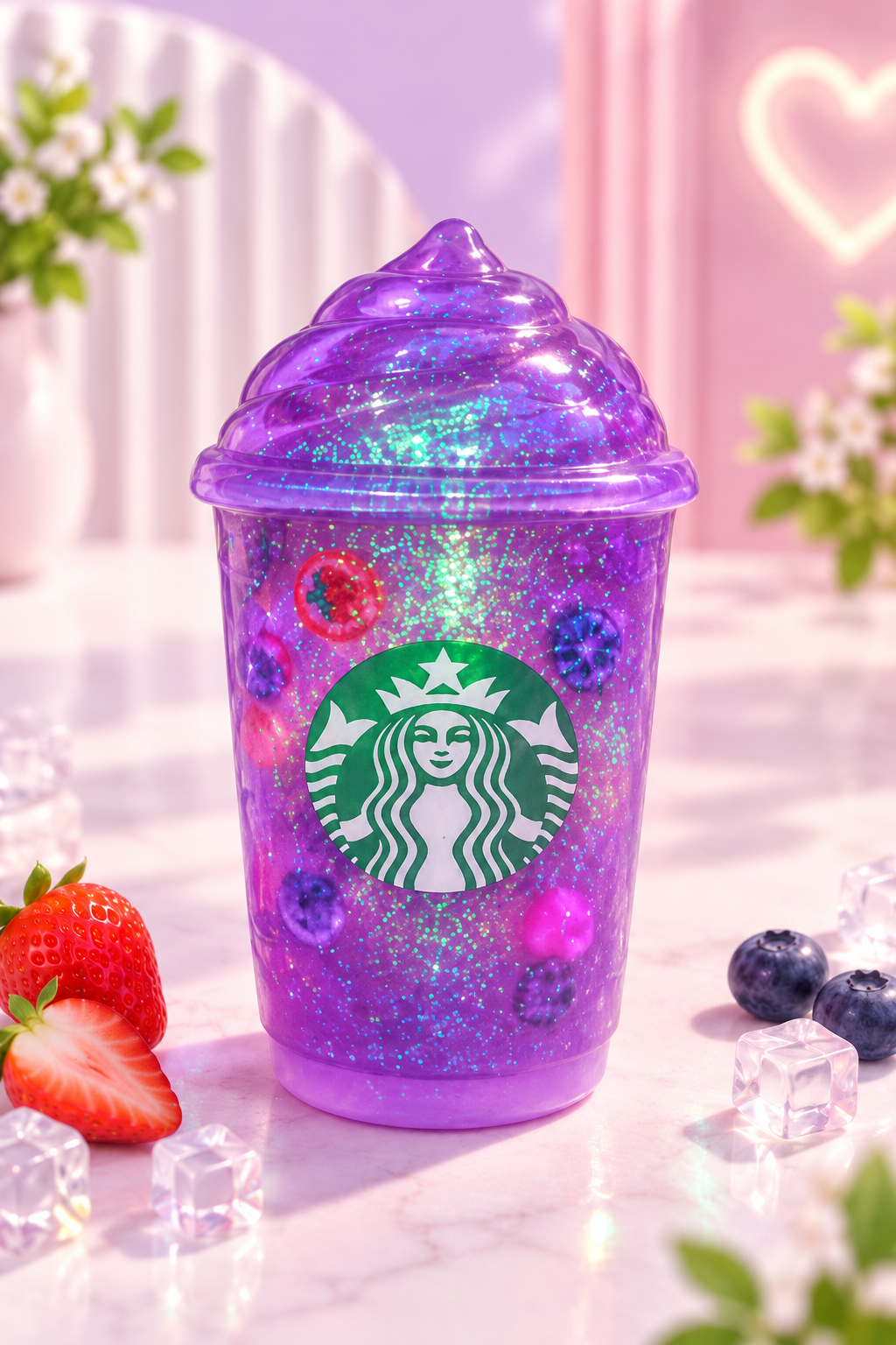 Purple fruity drink sugar pinch squishy cup with glitter and fruit pieces