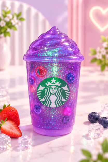 Purple fruity drink sugar pinch squishy cup with glitter and fruit pieces