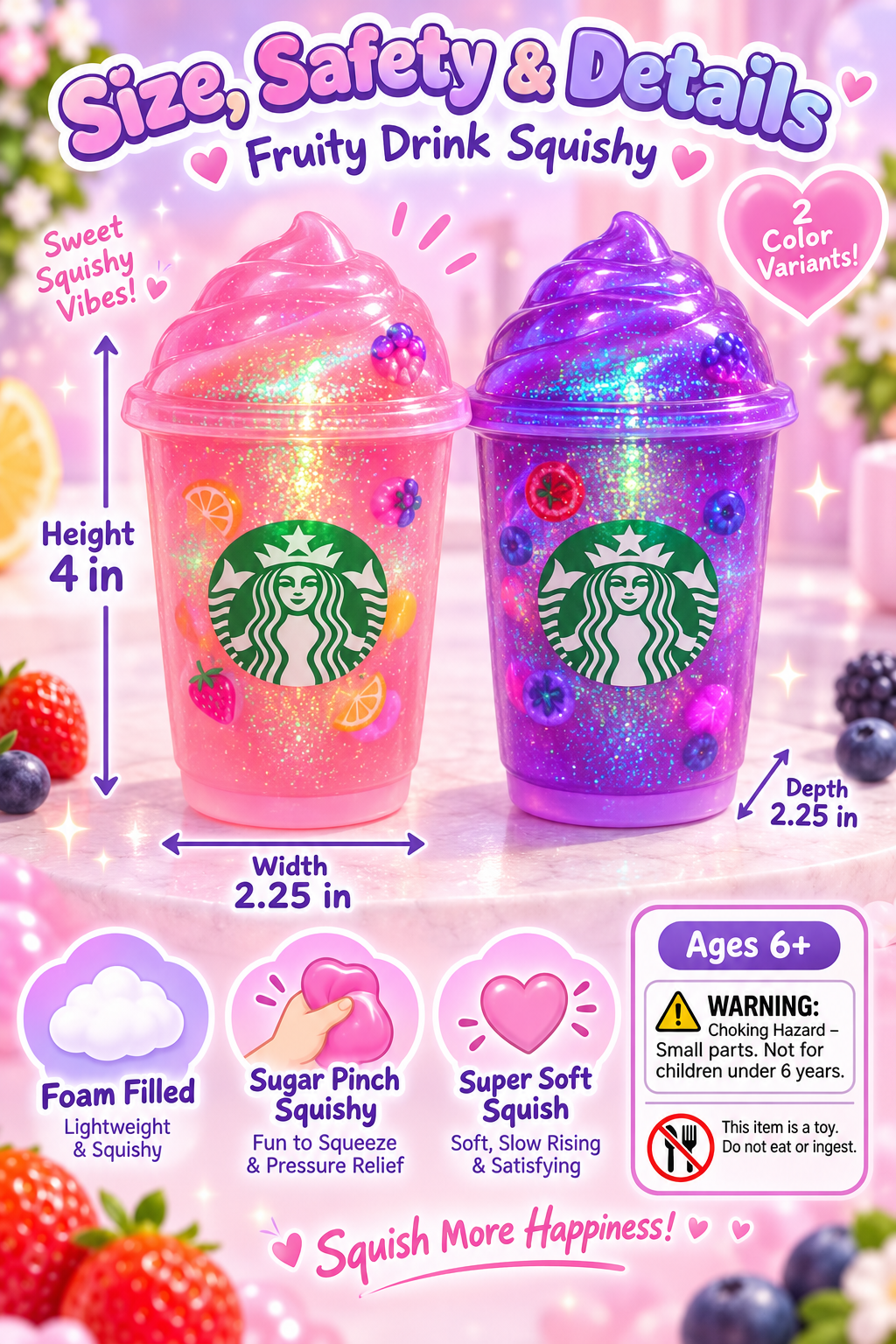 Fruity drink sugar pinch squishy size and warning guide showing 4 inch height, 2.25 inch width and depth, ages 6+, choking hazard and toy warning