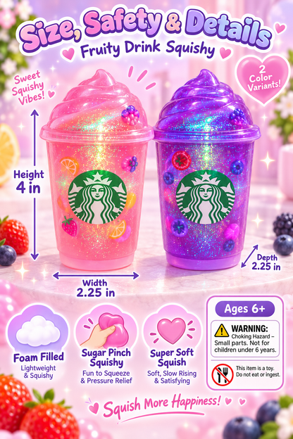 Fruity drink sugar pinch squishy size and warning guide showing 4 inch height, 2.25 inch width and depth, ages 6+, choking hazard and toy warning