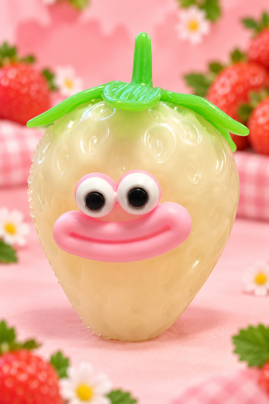 Close-up of Funny Strawberry pinch squishy with green leaves, large eyes and pink smile
