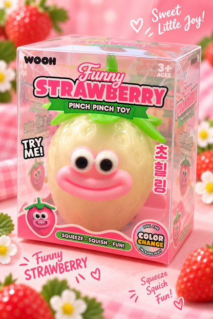 Funny Strawberry color-changing squishy on pink display with strawberry themed background