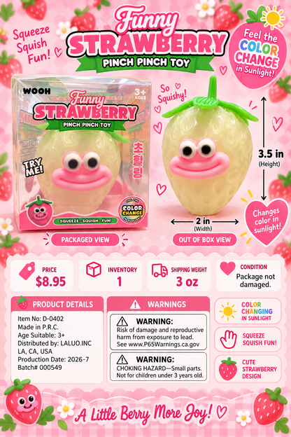 Funny Strawberry pinch squishy guide showing 3.5 inch height, 2 inch width, 3 ounce shipping weight and package warnings