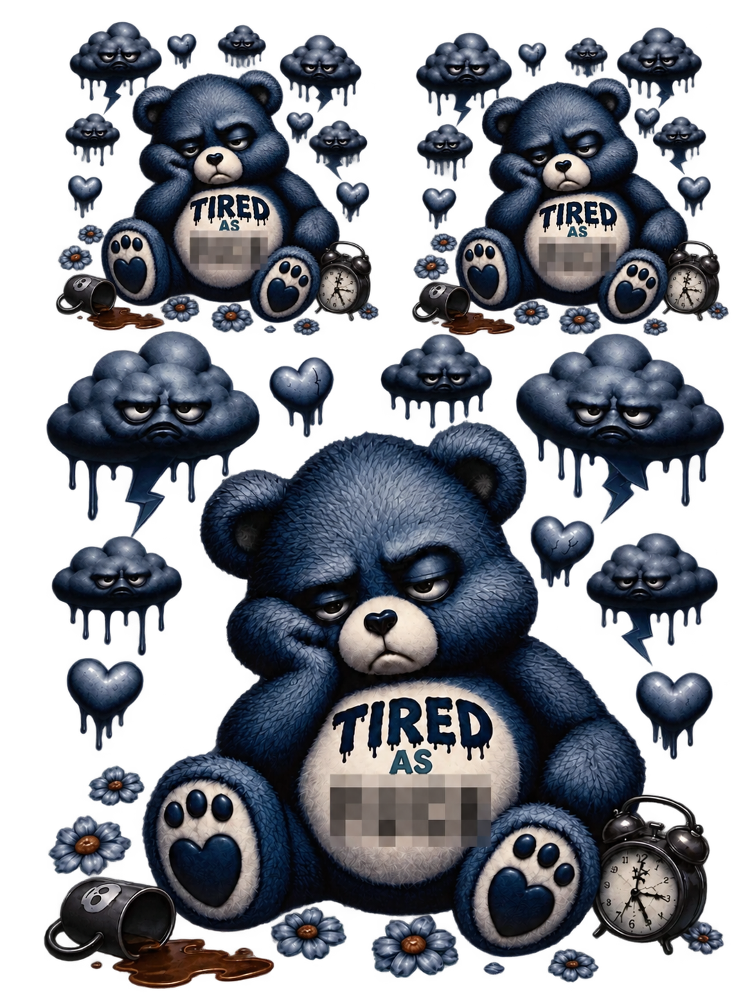 Tired As Fuck — Navy & Grey Bear UV DTF Transfer Sheet — Optional Cut-Apart Sheet - Image 1
