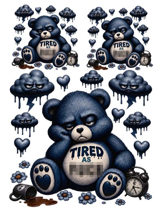 Tired As Fuck — Navy & Grey Bear UV DTF Transfer Sheet — Optional Cut-Apart Sheet - Image 1