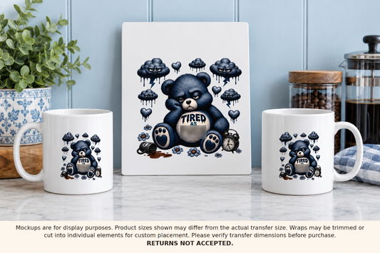 Tired As Fuck — Navy & Grey Bear UV DTF Transfer Sheet — Optional Cut-Apart Sheet - Image 2