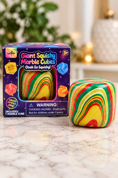 ToyMania Giant Squishy Marble Cubes package with multicolor marble cube