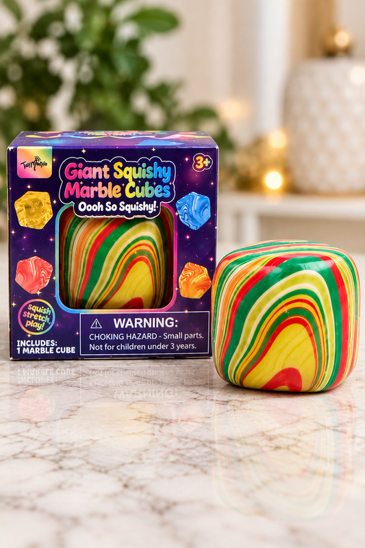 ToyMania Giant Squishy Marble Cubes package with multicolor marble cube